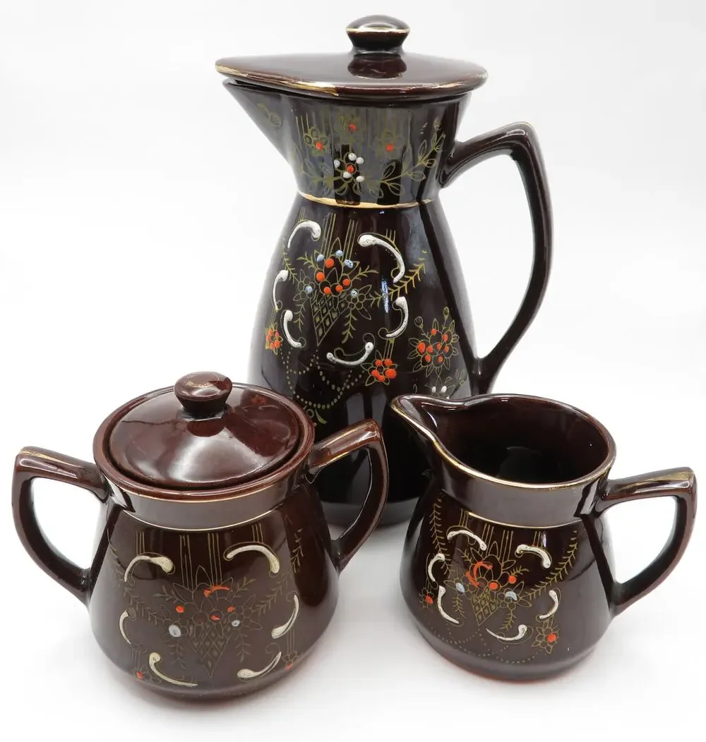 Vintage Japan Redware Moriage Coffee Set Pot, Creamer & Sugar Bowl Brown Floral